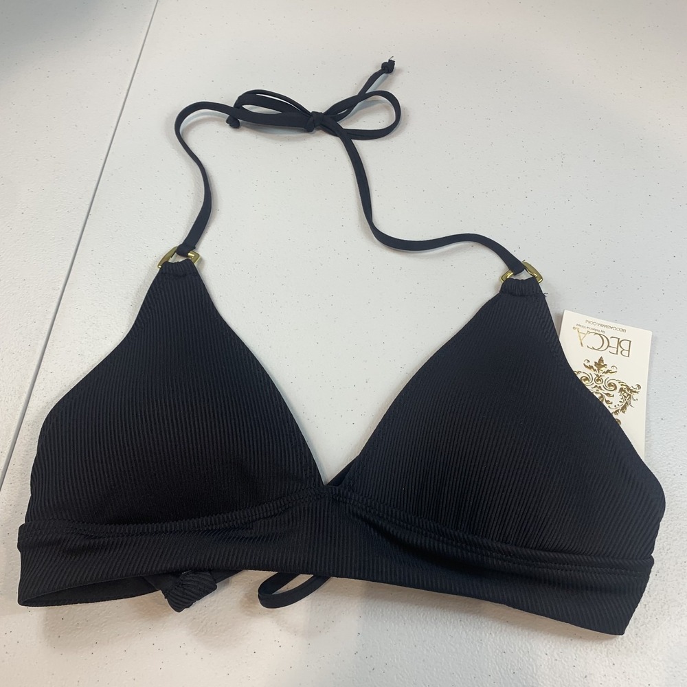 Becca Women's Bikini Swim Top Ribbed Halter Modern Edge Textured‎ Black M